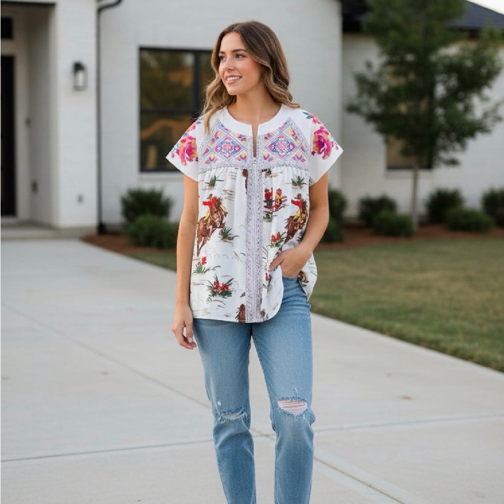 Size SMALL ONLY Women’s Western Cowboy Blouse, Flowers and Cowboys Shirt
